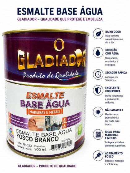 TINTA ESMALTE BASE D AGUA BRANCO FOSCO 900ML-GLADIADOR