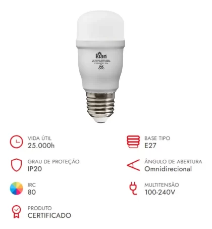 LAMPADA LED MINI T 12W 6,5 BIVOLT E27-KIAN