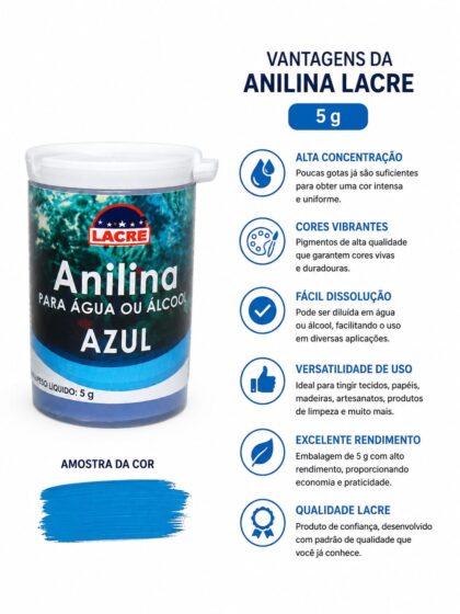 ANILINA PARA AGUA OU ALCOOL AZUL 5GR-LACXE