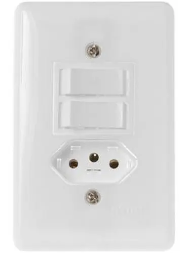 2 INTERRUPTORES COM TOMADA FIXA BIPOLAR COM PLACA 10ASTYLLUS-ILUMI