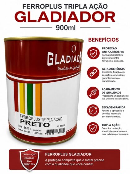 FERROPLUS PLUS TRIPLA ACAO 900ML PRETO-GLADIADOR