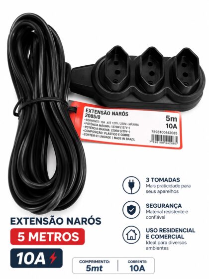 EXTENSAO TRIPLA 5 METROS PP 2P+T 10A PRETA-PERLEX