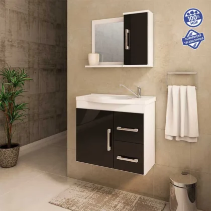 ARMARIO VIX 65CM BRANCO E PRETO COM ESPELHEIRA-MGM